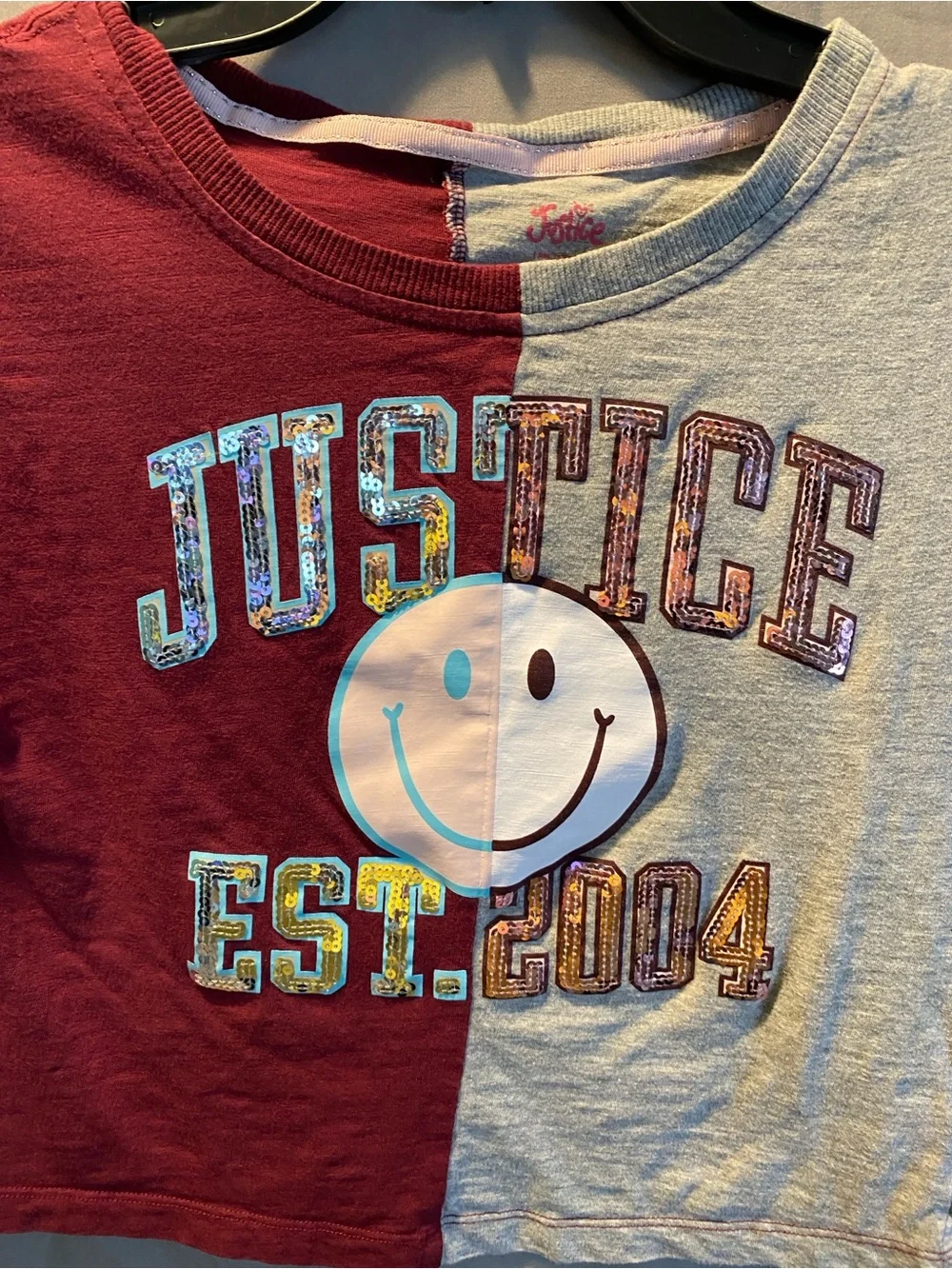 Justice Colorblock Red & Gray Cropped Tee with Smiley Graphic